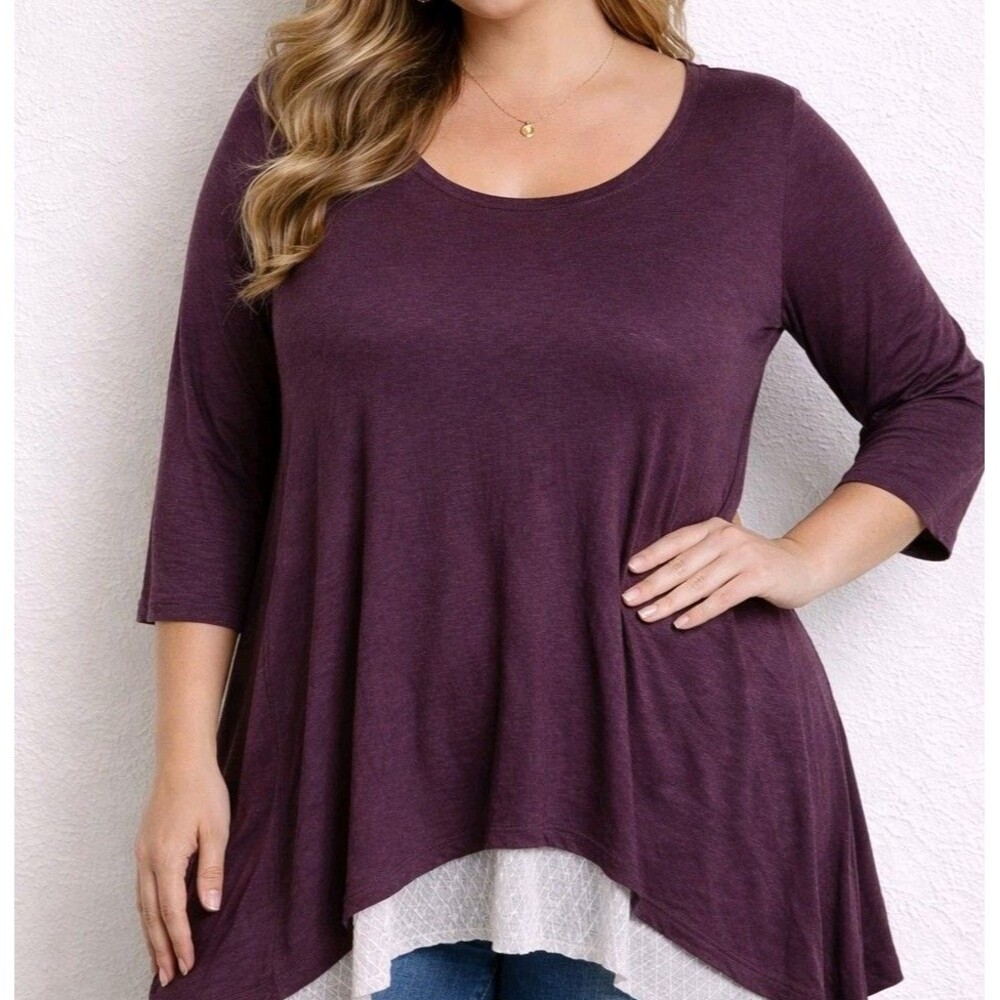 Logo by Lori Goldstein Burgundy Pink Lace Trim 3/4 Sleeve Tunic Top Womens 2X
